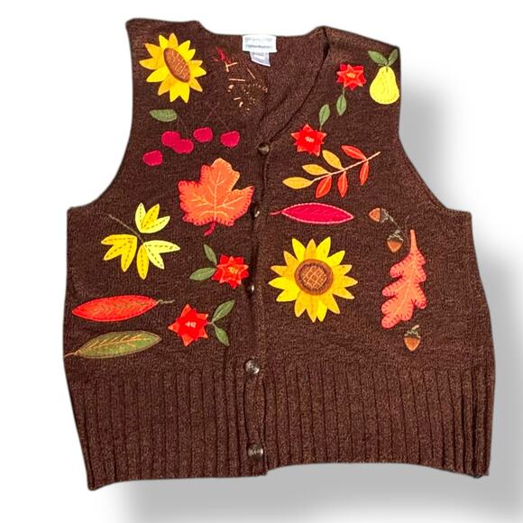 Vintage 90s Dark Floral Fall Harvest Knit Sweater Vest Large Brown Fruit Print - Picture 1 of 11